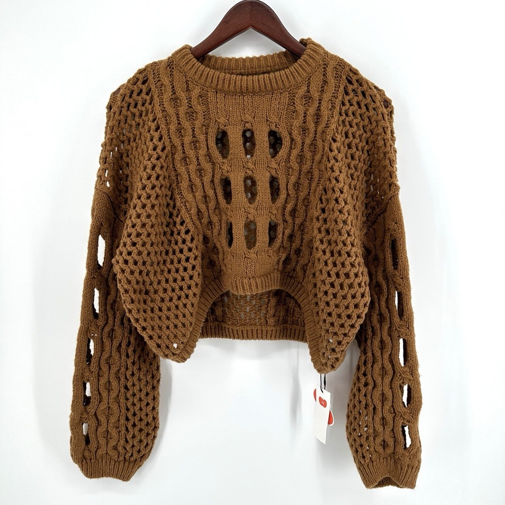 Cider Knit Round Neckline Hollow Out Long Sleeve Crop Top Brown Size 2XL Boho